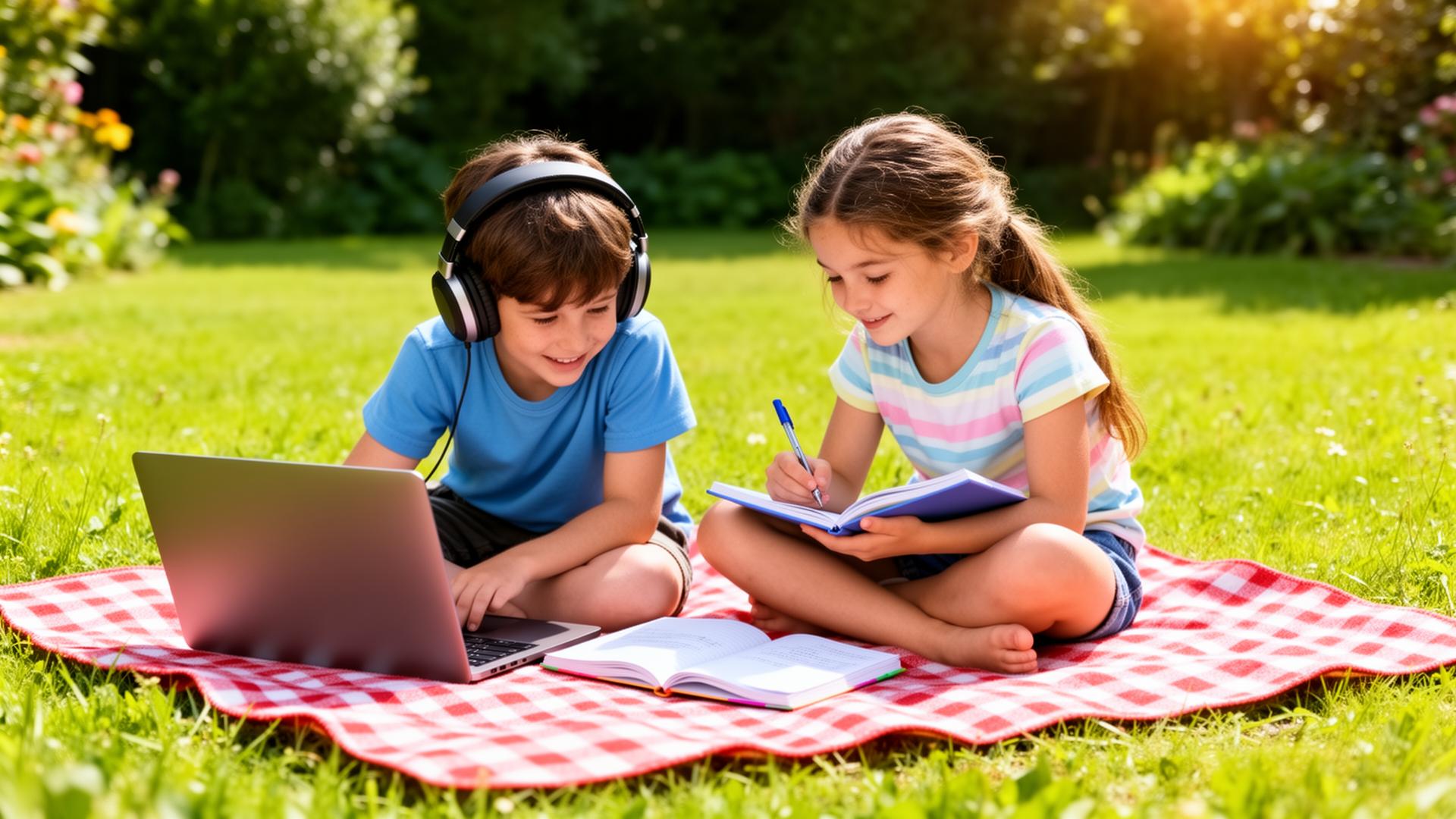 Two kids learning outdoors on a sunny picnic blanket